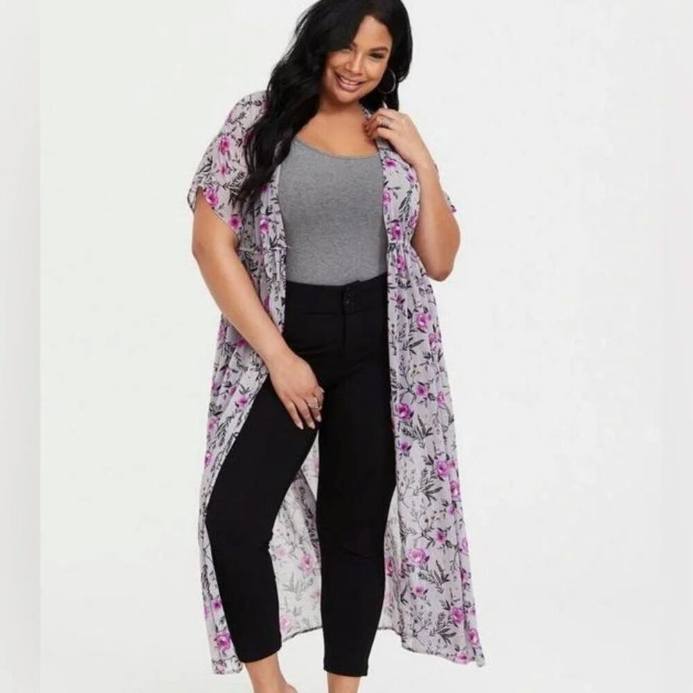 Torrid Kimono Grey Floral Lurex Duster Swim Cover Up 1/2
